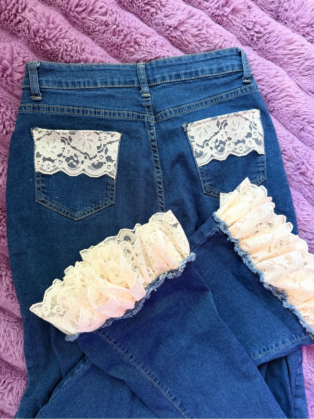 Women’s Dark Blue Denim Jeans with Cream Lace Trim